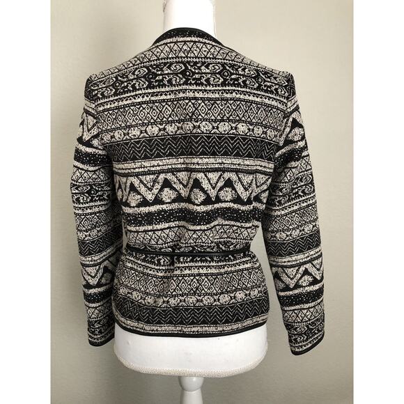 H&M Womens Size 2 Open Cardigan Faux Leather Tie Trim Aztec Black Tweed #4192 - Picture 5 of 10